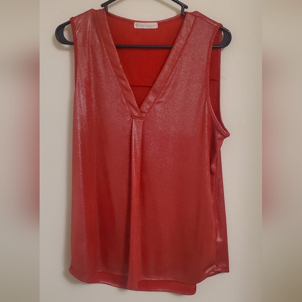 FSL Apparel Red Shiny Sleeveless V-Neck Top Holiday Party Christmas